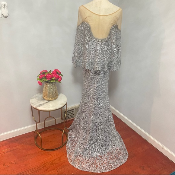 Mac Duggal Pearl Grey Cape Style Embellished Wedding Evening Gown- NWT- Reemoly - Picture 10 of 17